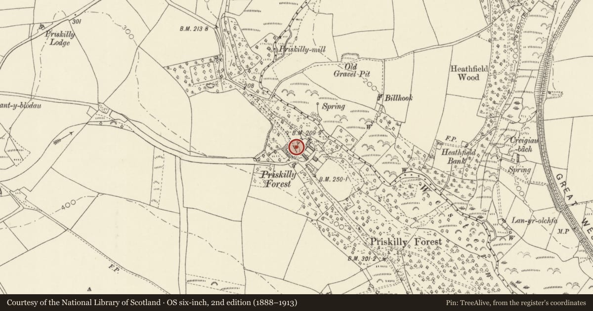 Ordnance Survey six-inch map, 2nd edition (1888–1913) covering the location of Former Coach-House & Stable at Priskilly Forest, Mathry, Pembrokeshire, with a pin at the register's coordinates
