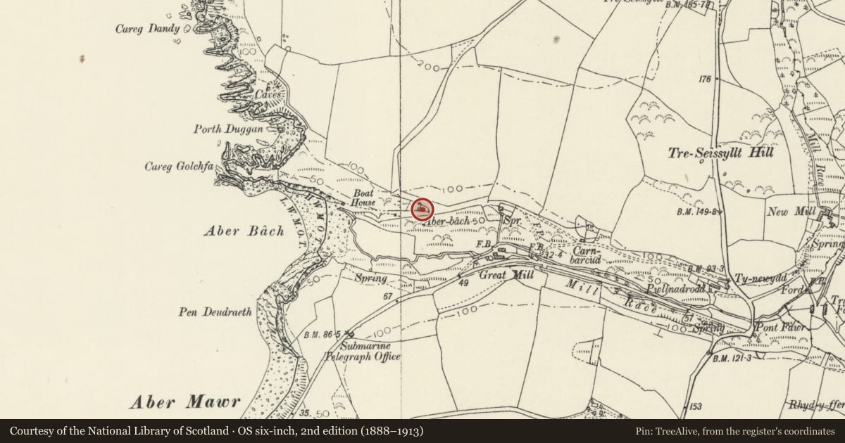 Ordnance Survey six-inch map, 2nd edition (1888–1913) covering the location of Aberbach Cottage, Pencaer, Pembrokeshire, with a pin at the register's coordinates