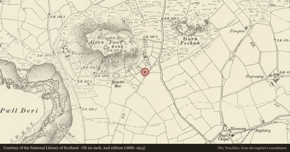 Ordnance Survey six-inch map, 2nd edition (1888–1913) covering the location of Garn Fawr, Pencaer, Pembrokeshire, with a pin at the register's coordinates