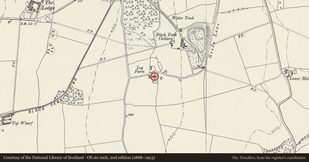 Ordnance Survey six-inch map, 2nd edition (1888–1913) covering the location of Ley Farmhouse, Chirk, Wrexham, with a pin at the register's coordinates