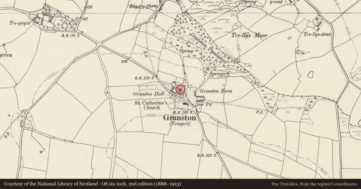 Ordnance Survey six-inch map, 2nd edition (1888–1913) covering the location of Granston Hall, Pencaer, Pembrokeshire, with a pin at the register's coordinates