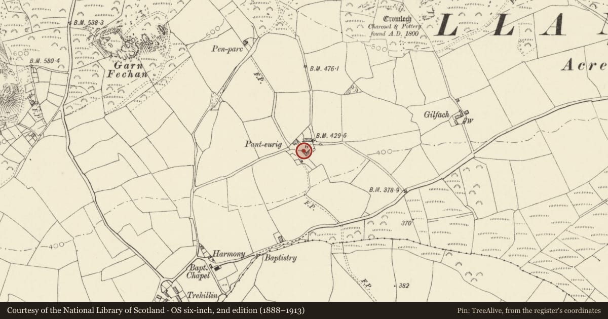 Ordnance Survey six-inch map, 2nd edition (1888–1913) covering the location of Cartshed to S.of Panteurig, Pencaer, Pembrokeshire, with a pin at the register's coordinates