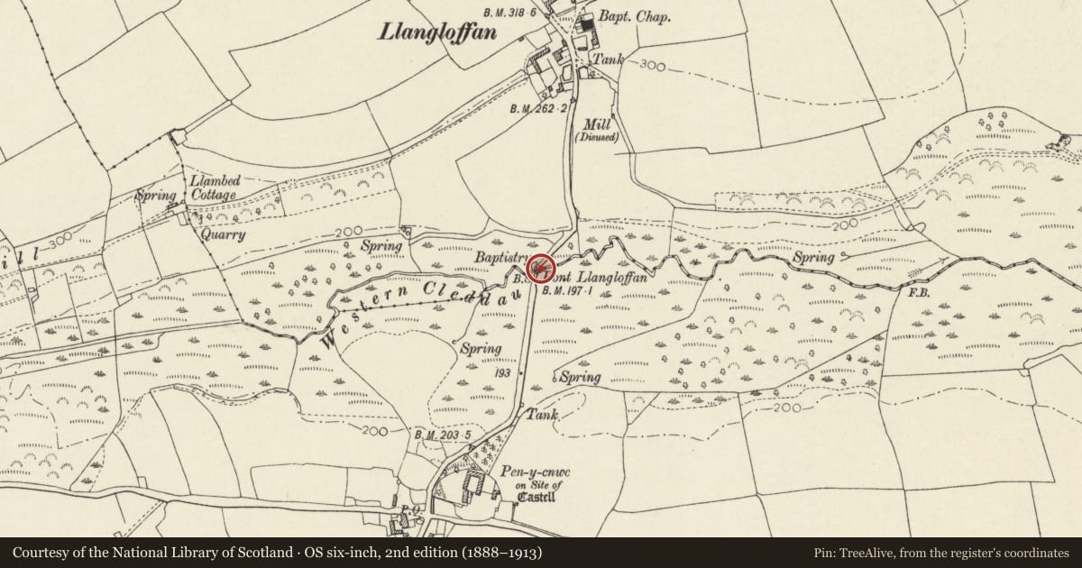 Ordnance Survey six-inch map, 2nd edition (1888–1913) covering the location of Pont Llangloffan (partly in Mathry Community), Pencaer, Pembrokeshire, with a pin at the register's coordinates