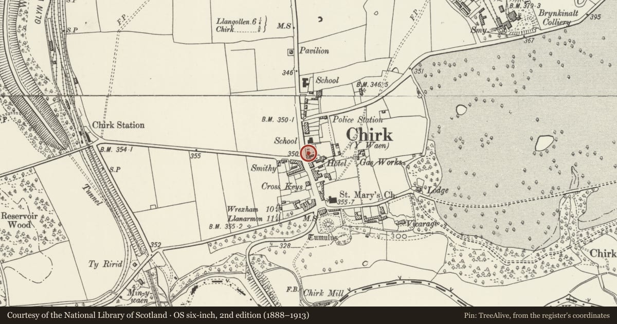 Ordnance Survey six-inch map, 2nd edition (1888–1913) covering the location of Hand Hotel, Chirk, Wrexham, with a pin at the register's coordinates