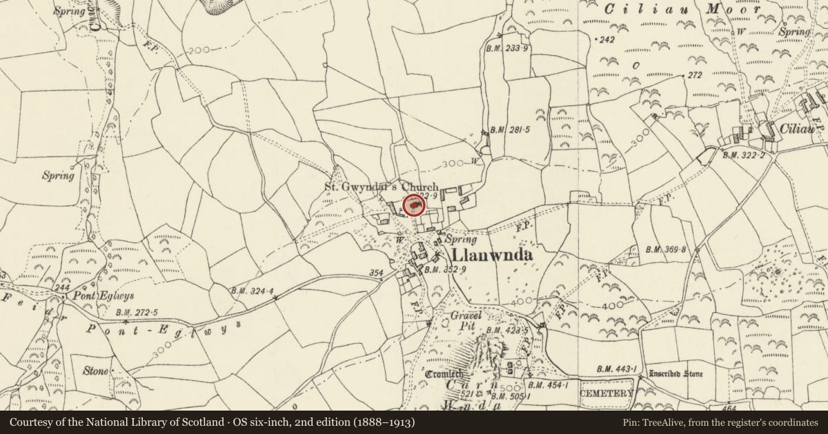 Ordnance Survey six-inch map, 2nd edition (1888–1913) covering the location of Church of St Gwyndaf, Pencaer, Pembrokeshire, with a pin at the register's coordinates