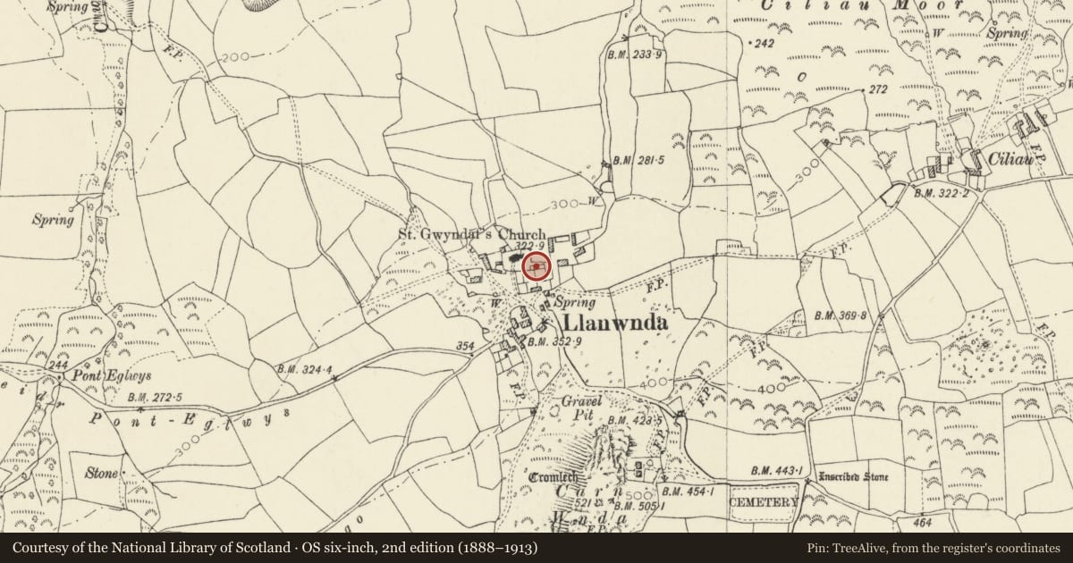 Ordnance Survey six-inch map, 2nd edition (1888–1913) covering the location of Three walled enlosures at SE.Angle of churchyard of Church of St. Gwyndaf, Pencaer, Pembrokeshire, with a pin at the register's coordinates