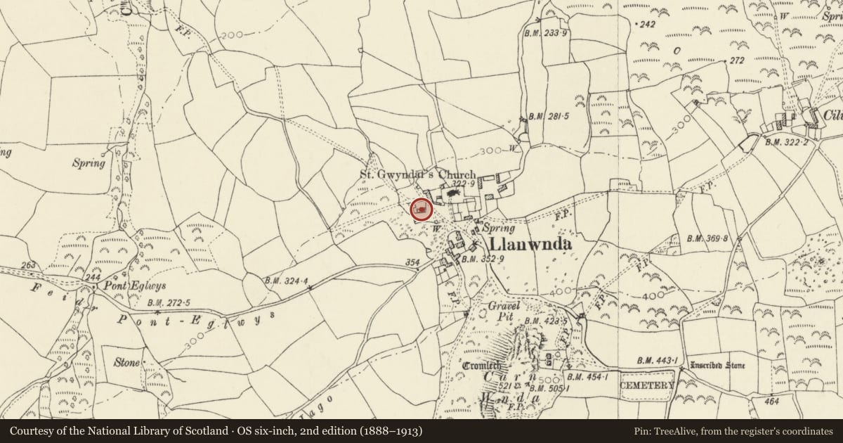 Ordnance Survey six-inch map, 2nd edition (1888–1913) covering the location of Cartref, Pencaer, Pembrokeshire, with a pin at the register's coordinates