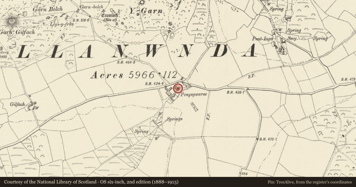 Ordnance Survey six-inch map, 2nd edition (1888–1913) covering the location of Penysgwarne, Pencaer, Pembrokeshire, with a pin at the register's coordinates