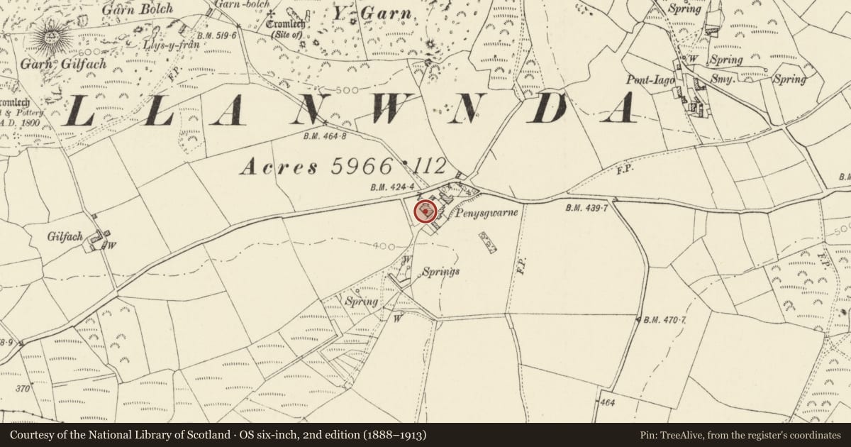 Ordnance Survey six-inch map, 2nd edition (1888–1913) covering the location of Range of attached Farm buildings at Penysgwarne, Pencaer, Pembrokeshire, with a pin at the register's coordinates