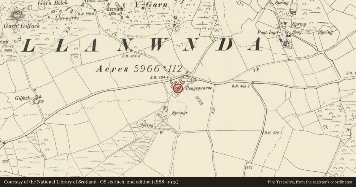 Ordnance Survey six-inch map, 2nd edition (1888–1913) covering the location of Range of attached Farm Buildings at Penysgwarne, Pencaer, Pembrokeshire, with a pin at the register's coordinates