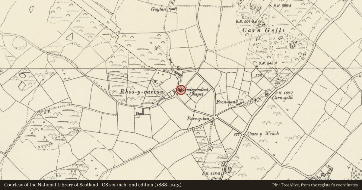 Ordnance Survey six-inch map, 2nd edition (1888–1913) covering the location of Caerau Independent Chapel, Pencaer, Pembrokeshire, with a pin at the register's coordinates
