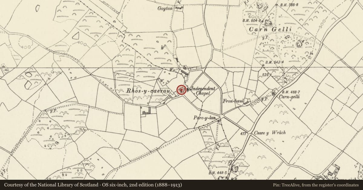 Ordnance Survey six-inch map, 2nd edition (1888–1913) covering the location of Outbuilding Opposite Caerau Chapel, Pencaer, Pembrokeshire, with a pin at the register's coordinates