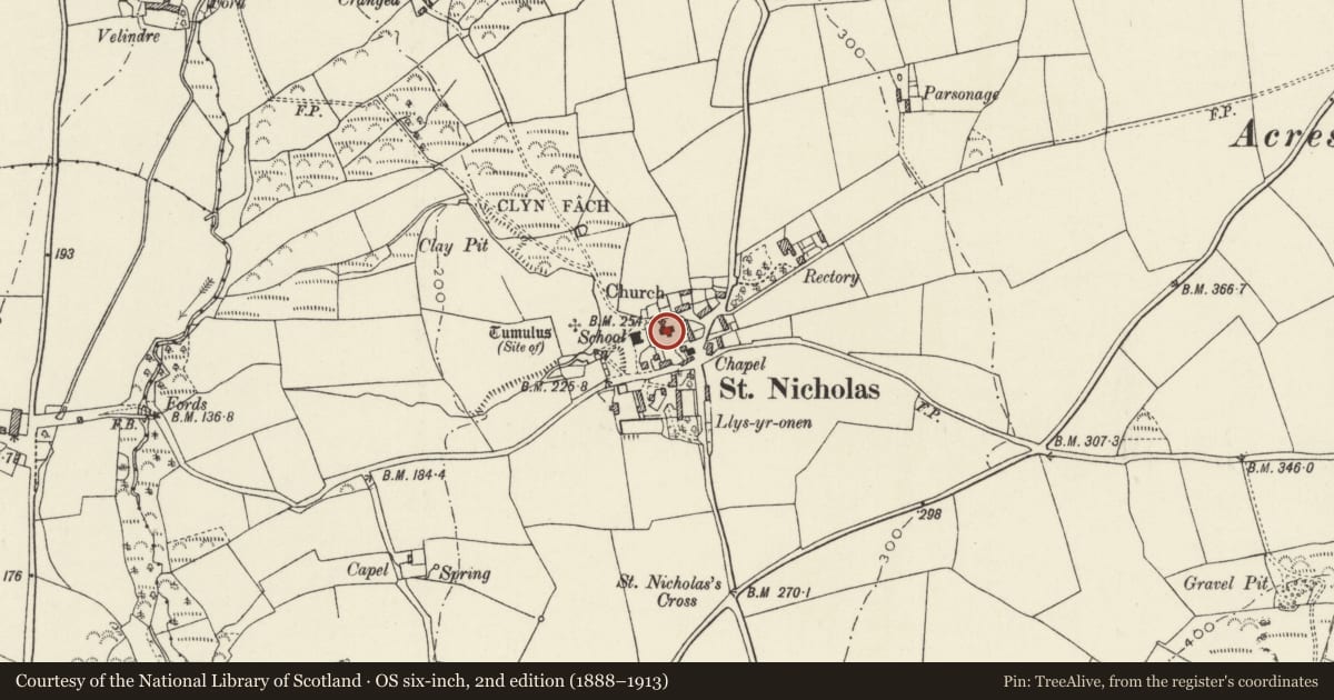 Ordnance Survey six-inch map, 2nd edition (1888–1913) covering the location of Church of St Nicholas, Pencaer, Pembrokeshire, with a pin at the register's coordinates