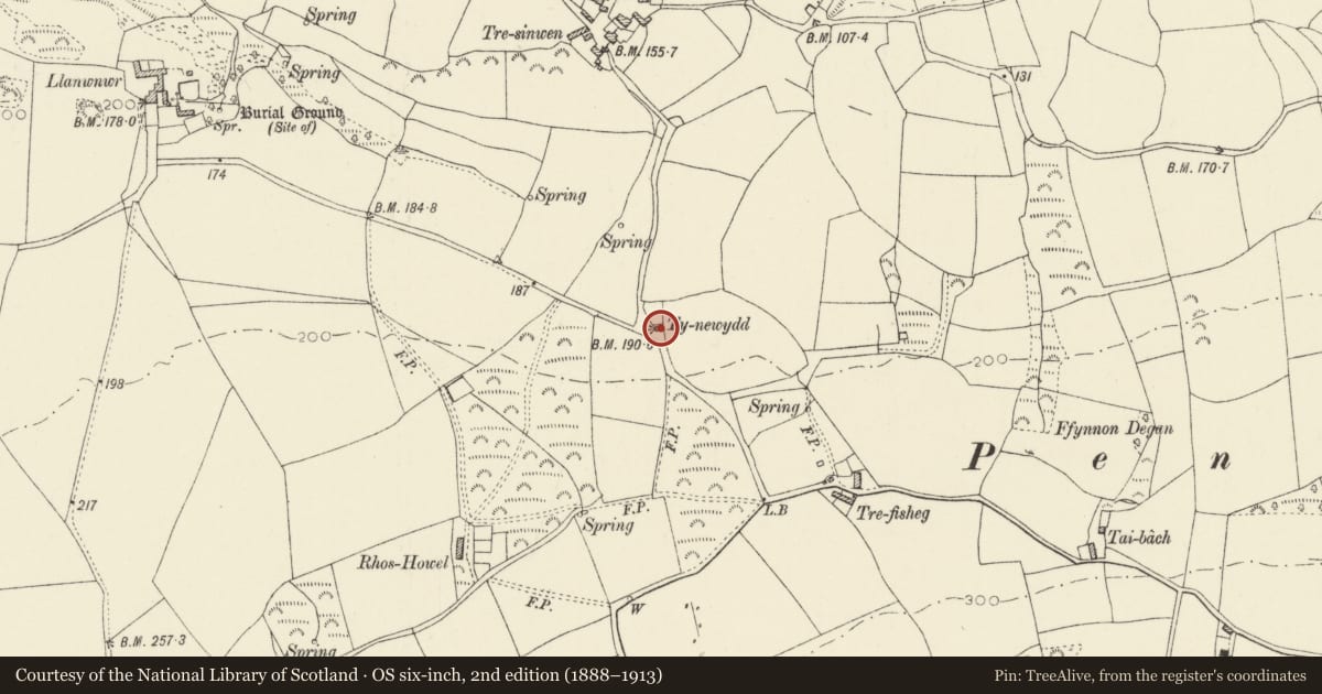 Ordnance Survey six-inch map, 2nd edition (1888–1913) covering the location of Carreg Lwyd, Pencaer, Pembrokeshire, with a pin at the register's coordinates