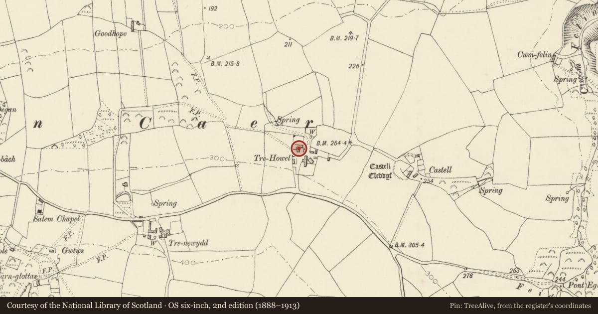 Ordnance Survey six-inch map, 2nd edition (1888–1913) covering the location of Trehowel, Pencaer, Pembrokeshire, with a pin at the register's coordinates