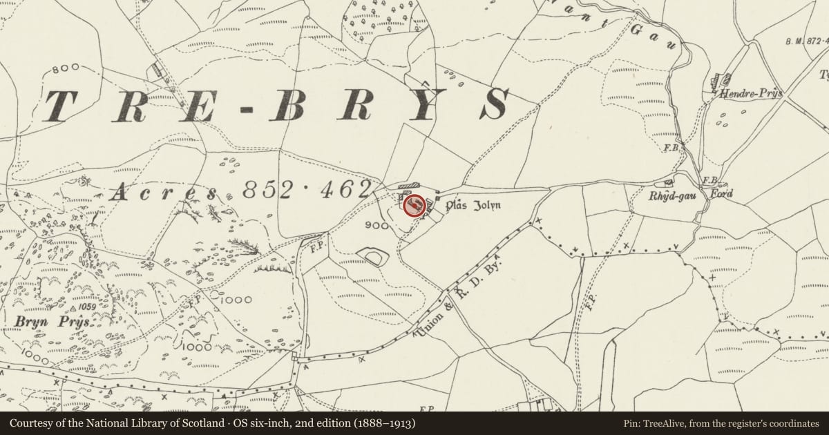 Ordnance Survey six-inch map, 2nd edition (1888–1913) covering the location of Great Barn at Plas Iolyn (also known as Esgubor Ddegwm), Pentrefoelas, Conwy, with a pin at the register's coordinates