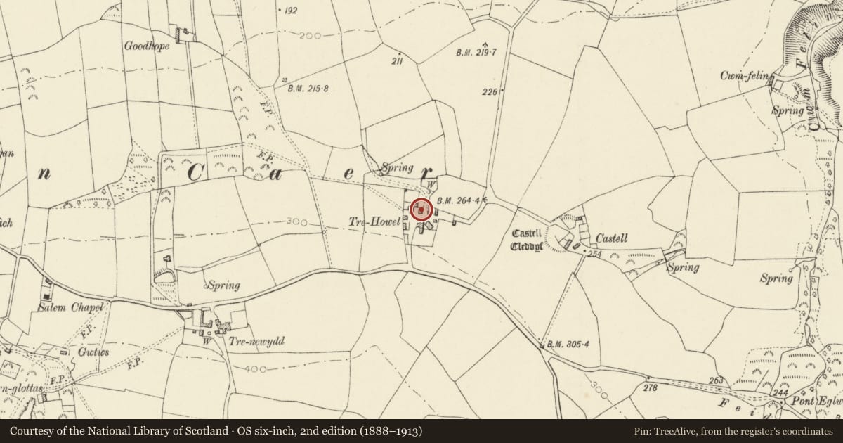 Ordnance Survey six-inch map, 2nd edition (1888–1913) covering the location of Outbuilding to E.of Trehowel Farmhouse, Pencaer, Pembrokeshire, with a pin at the register's coordinates