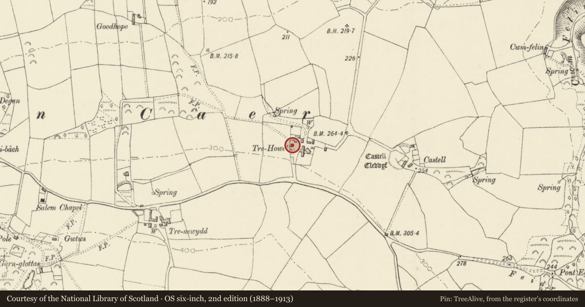 Ordnance Survey six-inch map, 2nd edition (1888–1913) covering the location of Cartshed to SW.of Trehowel Farmhouse, Pencaer, Pembrokeshire, with a pin at the register's coordinates
