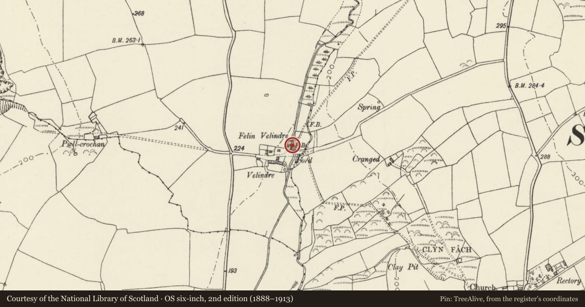 Ordnance Survey six-inch map, 2nd edition (1888–1913) covering the location of Velindre Water Mill, Pencaer, Pembrokeshire, with a pin at the register's coordinates