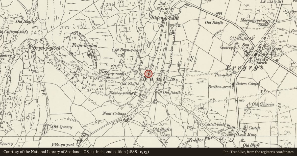 Ordnance Survey six-inch map, 2nd edition (1888–1913) covering the location of Engine House at the former Nant Lead-mine, Llanarmon-yn-Ial, Denbighshire, with a pin at the register's coordinates