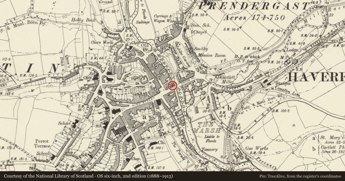 Ordnance Survey six-inch map, 2nd edition (1888–1913) covering the location of 10 Victoria Place, Haverfordwest, Pembrokeshire, with a pin at the register's coordinates