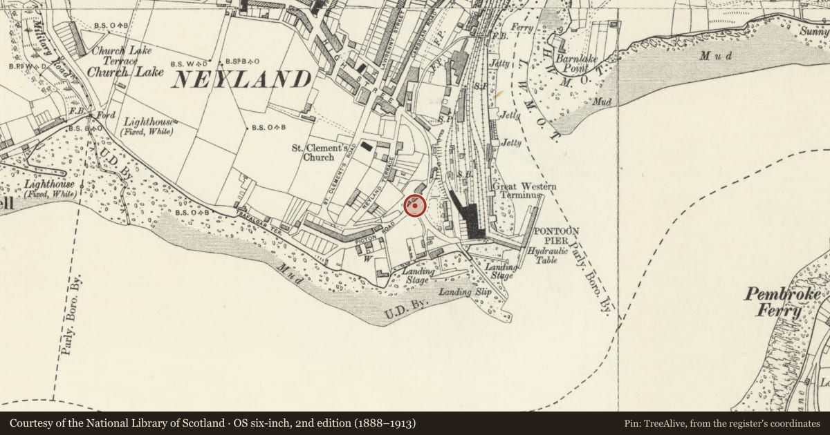 Ordnance Survey six-inch map, 2nd edition (1888–1913) covering the location of Pillar Box near Station House, Neyland, Pembrokeshire, with a pin at the register's coordinates