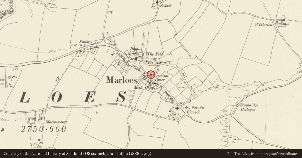 Ordnance Survey six-inch map, 2nd edition (1888–1913) covering the location of Memorial Clock Tower, Marloes and St. Brides, Pembrokeshire, with a pin at the register's coordinates