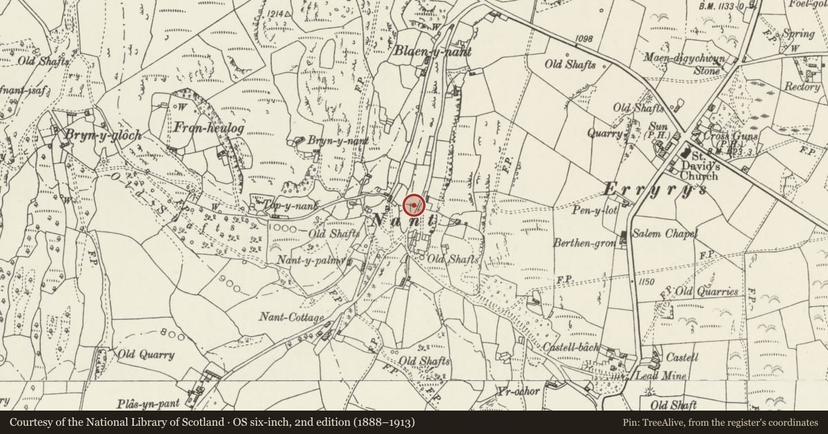 Ordnance Survey six-inch map, 2nd edition (1888–1913) covering the location of Chimney at the former Nant Lead-mine, Llanarmon-yn-Ial, Denbighshire, with a pin at the register's coordinates
