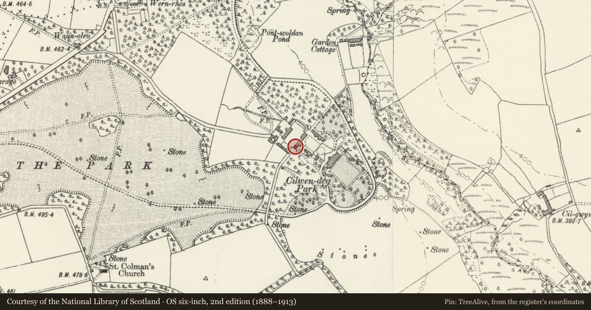 Ordnance Survey six-inch map, 2nd edition (1888–1913) covering the location of The Counting House at Cilwendeg Farm, Boncath, Pembrokeshire, with a pin at the register's coordinates