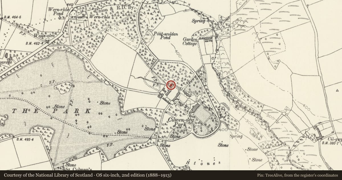 Ordnance Survey six-inch map, 2nd edition (1888–1913) covering the location of The Pigeon House and railings at Cilwendeg Farm, Boncath, Pembrokeshire, with a pin at the register's coordinates