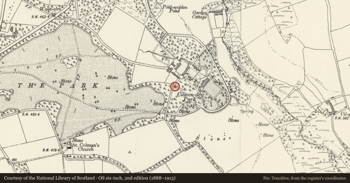 Ordnance Survey six-inch map, 2nd edition (1888–1913) covering the location of The Shell House Cilwendeg Farm, Boncath, Pembrokeshire, with a pin at the register's coordinates