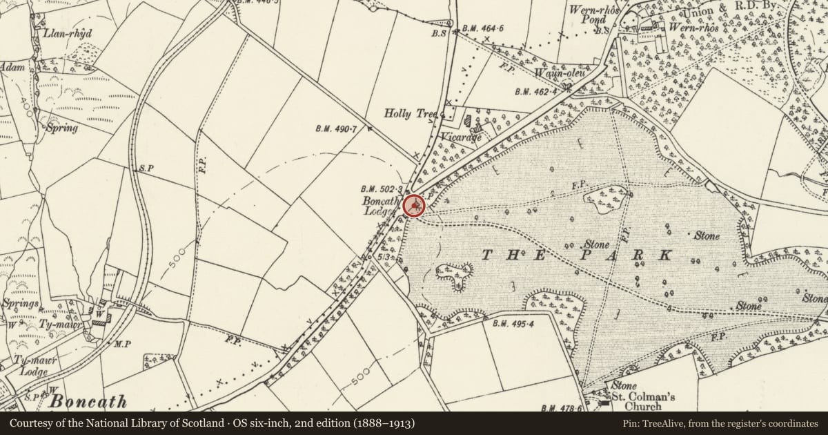 Ordnance Survey six-inch map, 2nd edition (1888–1913) covering the location of Piers & Railings to No 3 Cilwendeg Lodge, Boncath, Pembrokeshire, with a pin at the register's coordinates