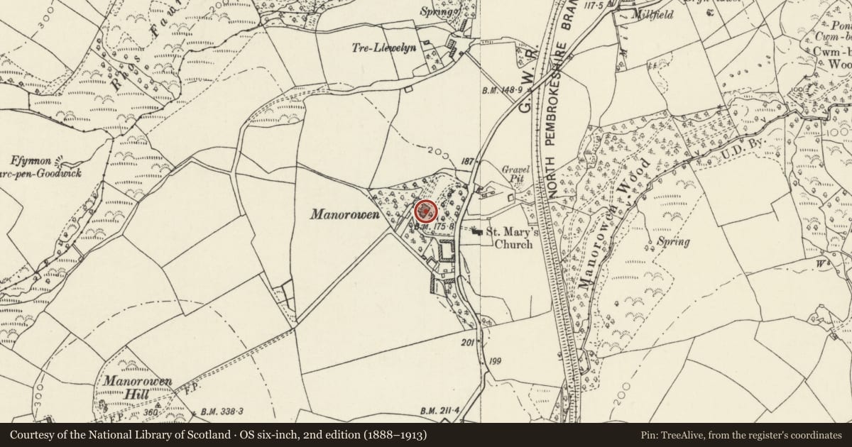 Ordnance Survey six-inch map, 2nd edition (1888–1913) covering the location of Manorowen, Scleddau, Pembrokeshire, with a pin at the register's coordinates
