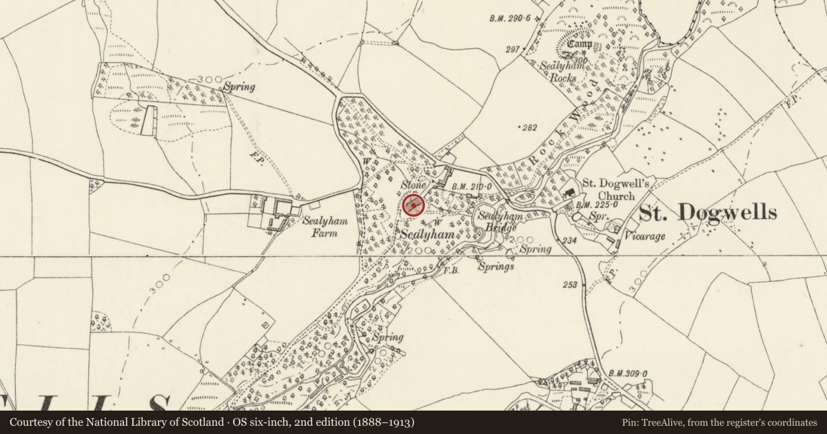 Ordnance Survey six-inch map, 2nd edition (1888–1913) covering the location of Sealyham, Wolfscastle, Pembrokeshire, with a pin at the register's coordinates