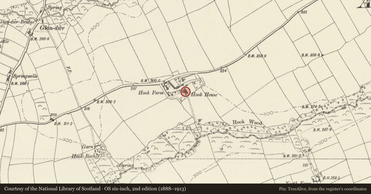 Ordnance Survey six-inch map, 2nd edition (1888–1913) covering the location of Hook House, Ambleston, Pembrokeshire, with a pin at the register's coordinates