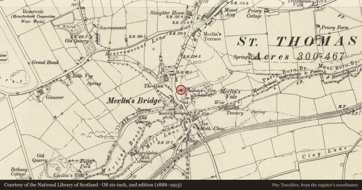 Ordnance Survey six-inch map, 2nd edition (1888–1913) covering the location of Church Cottage, Haverfordwest, Pembrokeshire, with a pin at the register's coordinates
