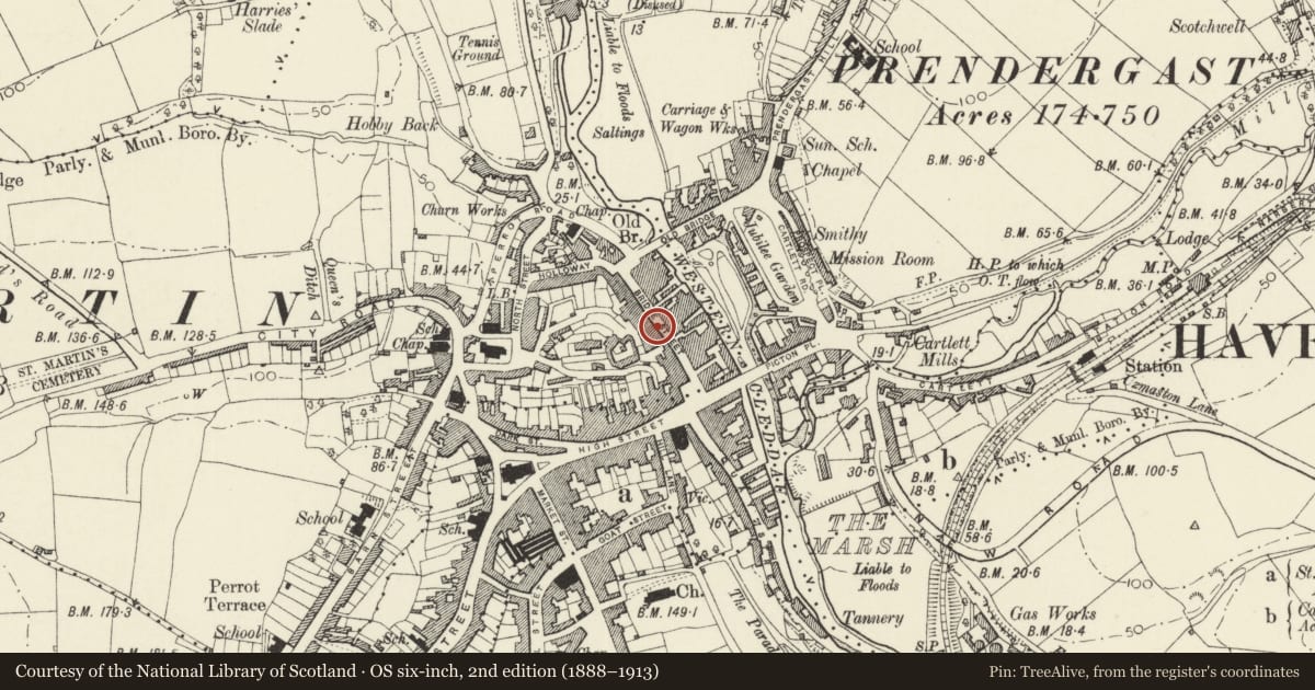 Ordnance Survey six-inch map, 2nd edition (1888–1913) covering the location of (including Hylton John Boys Shop), Haverfordwest, Pembrokeshire, with a pin at the register's coordinates