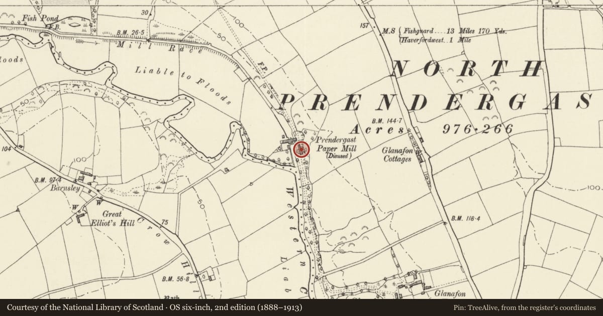 Ordnance Survey six-inch map, 2nd edition (1888–1913) covering the location of Mill House, Rudbaxton, Pembrokeshire, with a pin at the register's coordinates