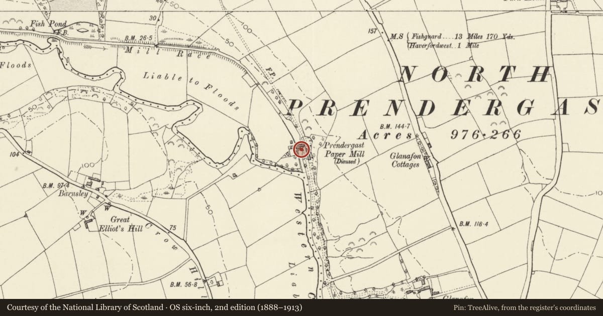 Ordnance Survey six-inch map, 2nd edition (1888–1913) covering the location of Bridge at Prendergast Mill, Rudbaxton, Pembrokeshire, with a pin at the register's coordinates