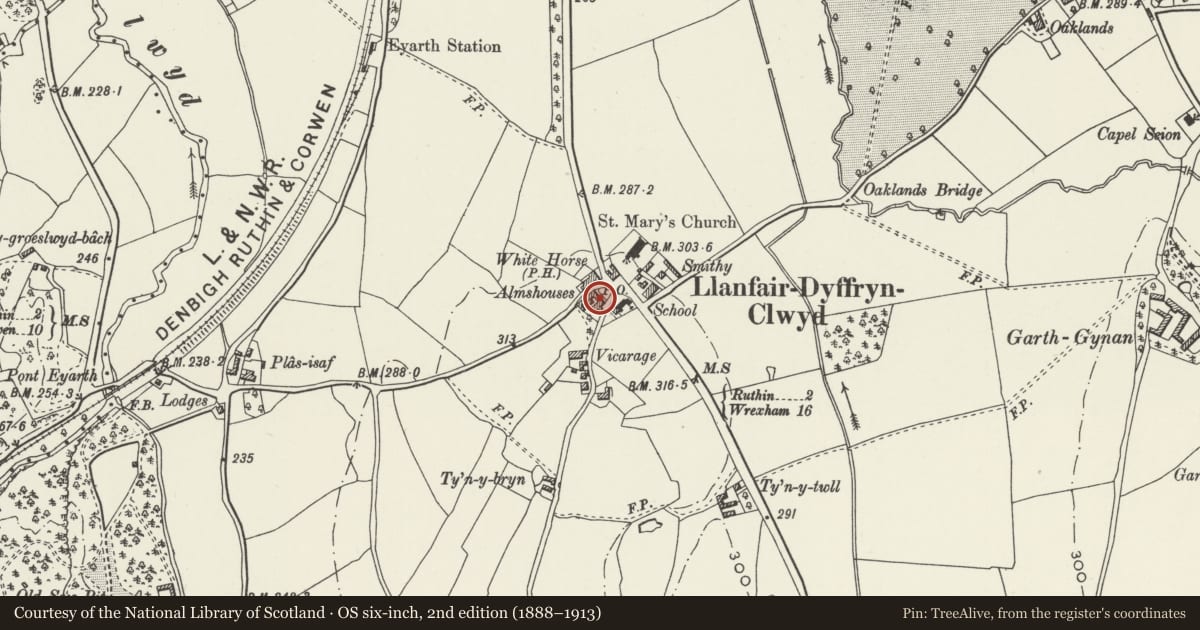 Ordnance Survey six-inch map, 2nd edition (1888–1913) covering the location of Nos.1-8 Elizabeth Owen Charity Almshouses, Llanfair Dyffryn Clwyd, Denbighshire, with a pin at the register's coordinates