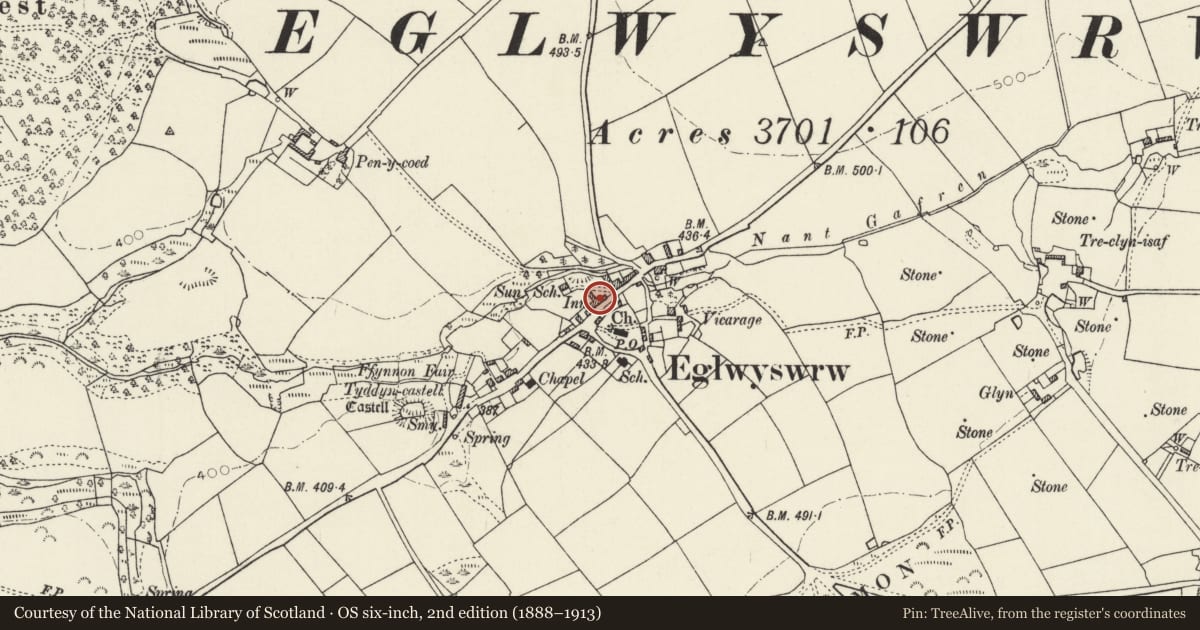 Ordnance Survey six-inch map, 2nd edition (1888–1913) covering the location of The Serjeants Inn and Court House, Eglwyswrw, Pembrokeshire, with a pin at the register's coordinates