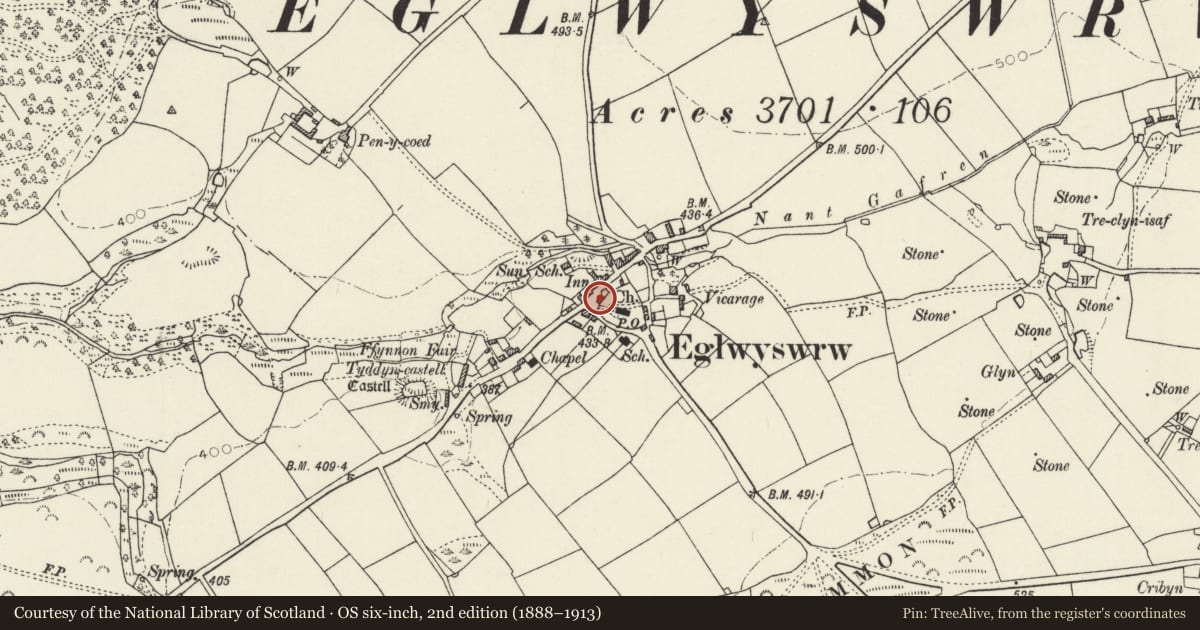 Ordnance Survey six-inch map, 2nd edition (1888–1913) covering the location of The Armoury (former stables to The Serjeants Inn), Eglwyswrw, Pembrokeshire, with a pin at the register's coordinates