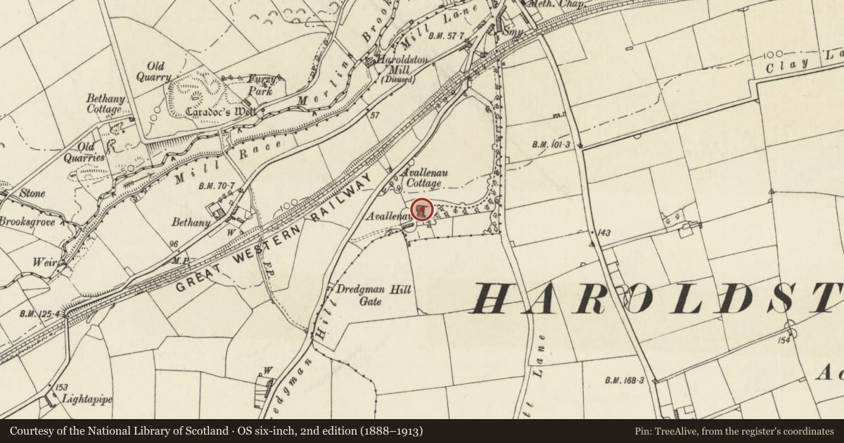 Ordnance Survey six-inch map, 2nd edition (1888–1913) covering the location of Avellanau House, Merlin's Bridge, Pembrokeshire, with a pin at the register's coordinates