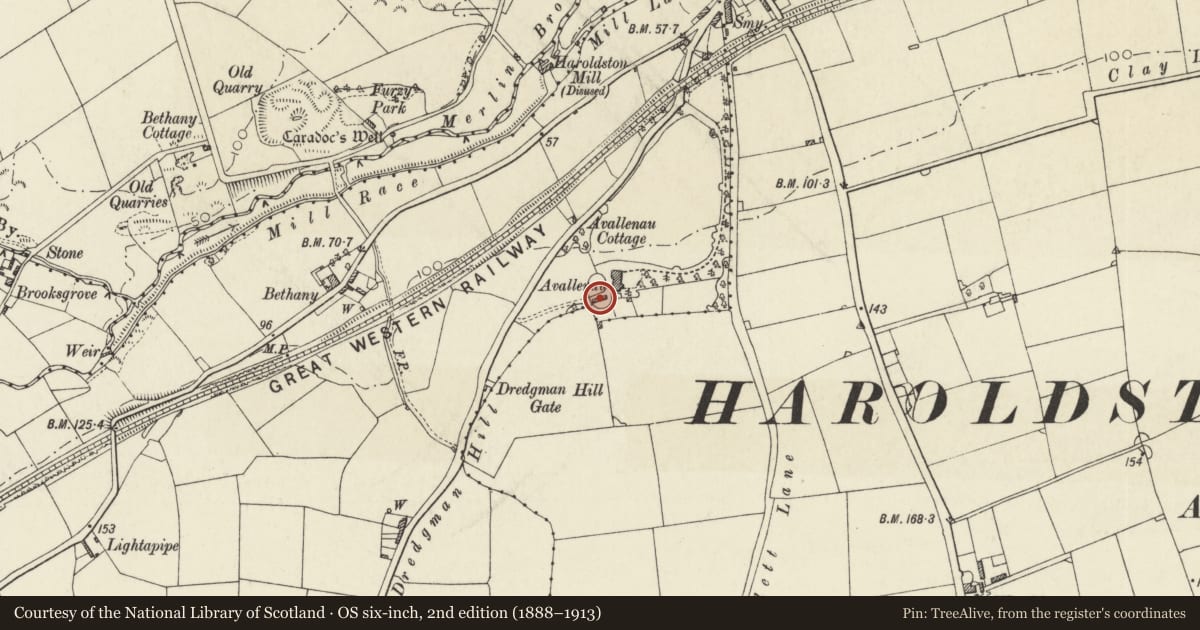 Ordnance Survey six-inch map, 2nd edition (1888–1913) covering the location of Stable range at Avellenau House, Merlin's Bridge, Pembrokeshire, with a pin at the register's coordinates