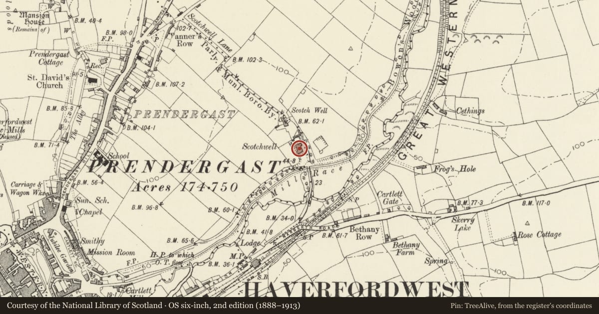 Ordnance Survey six-inch map, 2nd edition (1888–1913) covering the location of Scotchwell House, Haverfordwest, Pembrokeshire, with a pin at the register's coordinates