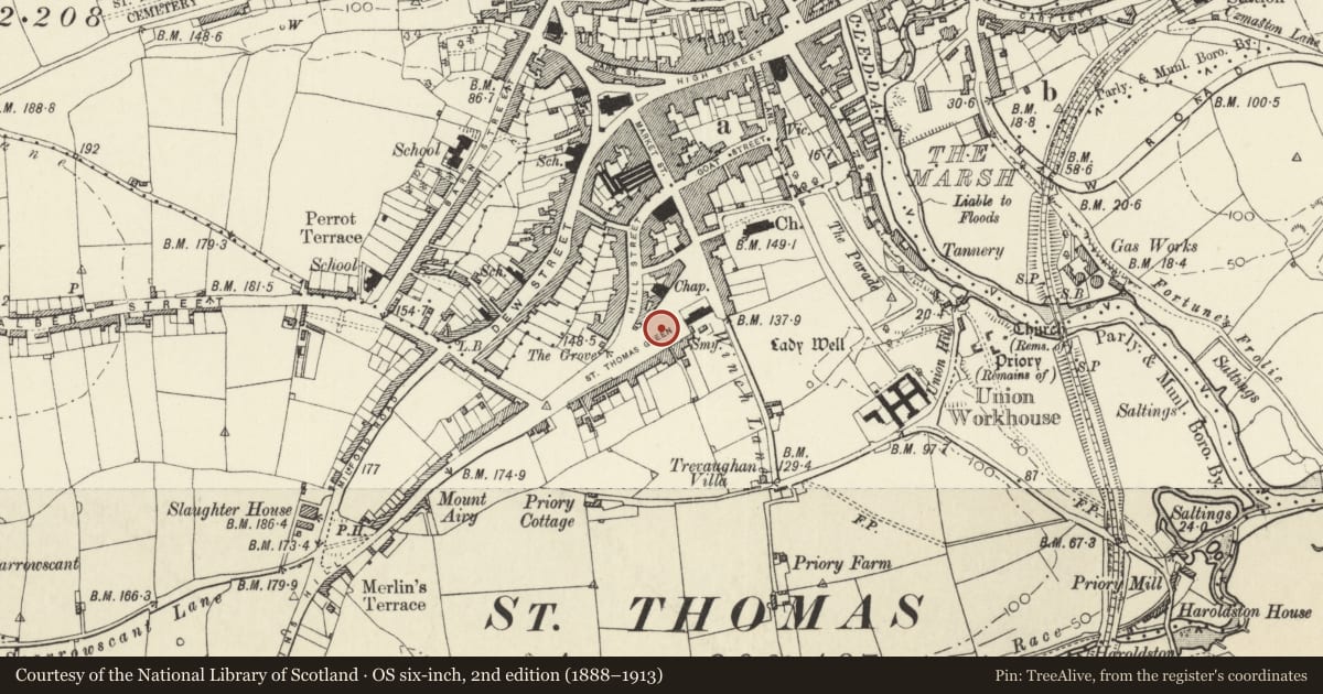 Ordnance Survey six-inch map, 2nd edition (1888–1913) covering the location of Telephone Call-box adjoining Dyfed County Council Offices, Haverfordwest, Pembrokeshire, with a pin at the register's coordinates