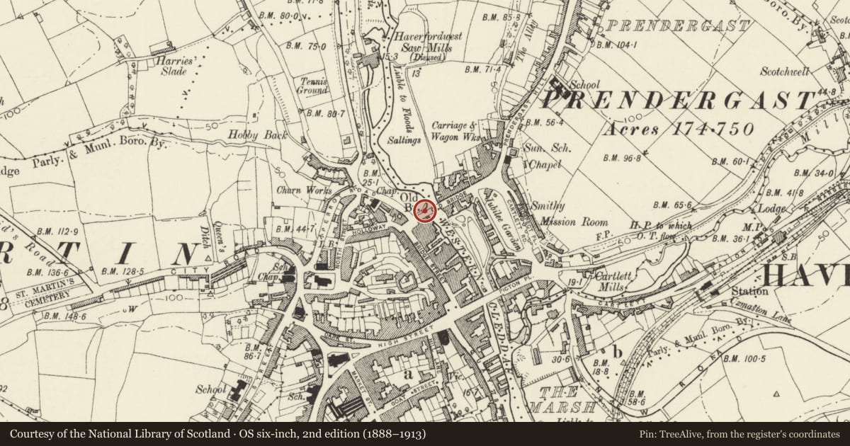 Ordnance Survey six-inch map, 2nd edition (1888–1913) covering the location of Telephone Call-box on NW abutment of Old Bridge, Haverfordwest, Pembrokeshire, with a pin at the register's coordinates