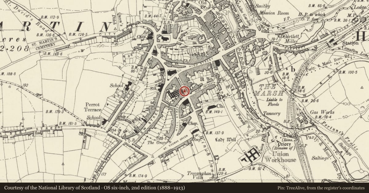 Ordnance Survey six-inch map, 2nd edition (1888–1913) covering the location of Telephone Call-box outside Shoemakers Court (01437 762413), Haverfordwest, Pembrokeshire, with a pin at the register's coordinates