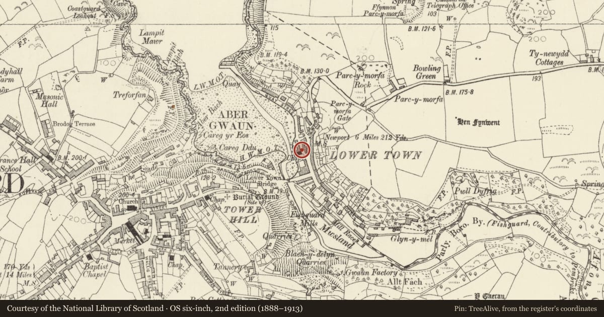 Ordnance Survey six-inch map, 2nd edition (1888–1913) covering the location of Telephone Call-box adjoining No 2, Fishguard and Goodwick, Pembrokeshire, with a pin at the register's coordinates