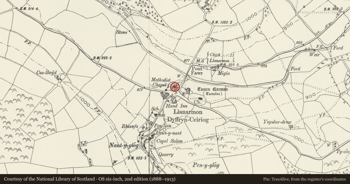 Ordnance Survey six-inch map, 2nd edition (1888–1913) covering the location of The West Arms Hotel, Ceiriog Ucha, Wrexham, with a pin at the register's coordinates